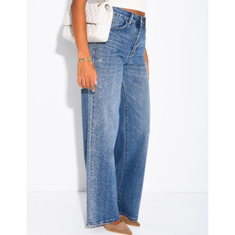 Jeans coupe droite délavé à strass