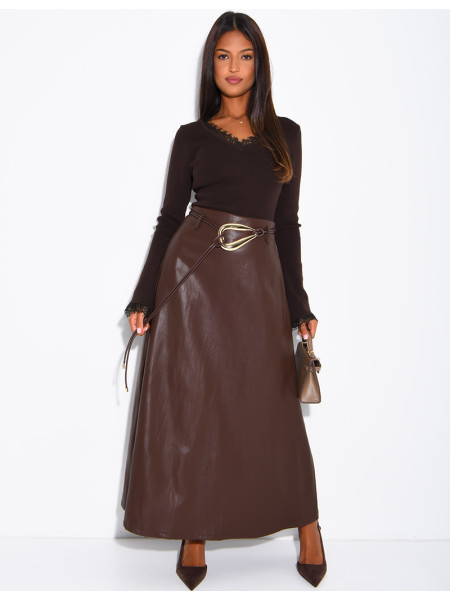 Long faux leather skirt with a gold belt