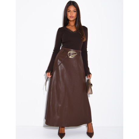 Long faux leather skirt with a gold belt