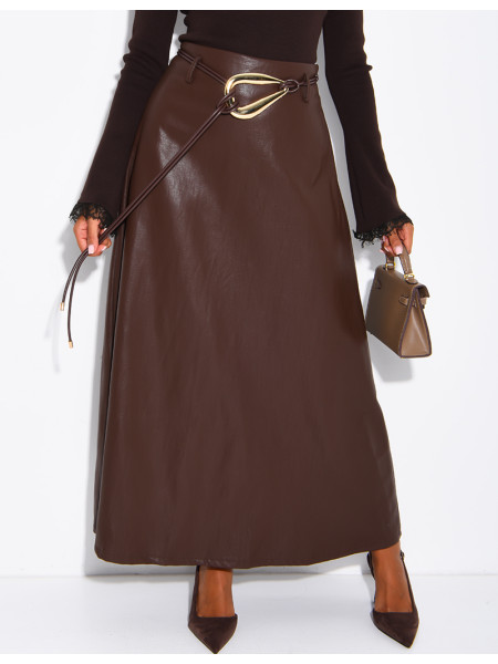 Long faux leather skirt with a gold belt