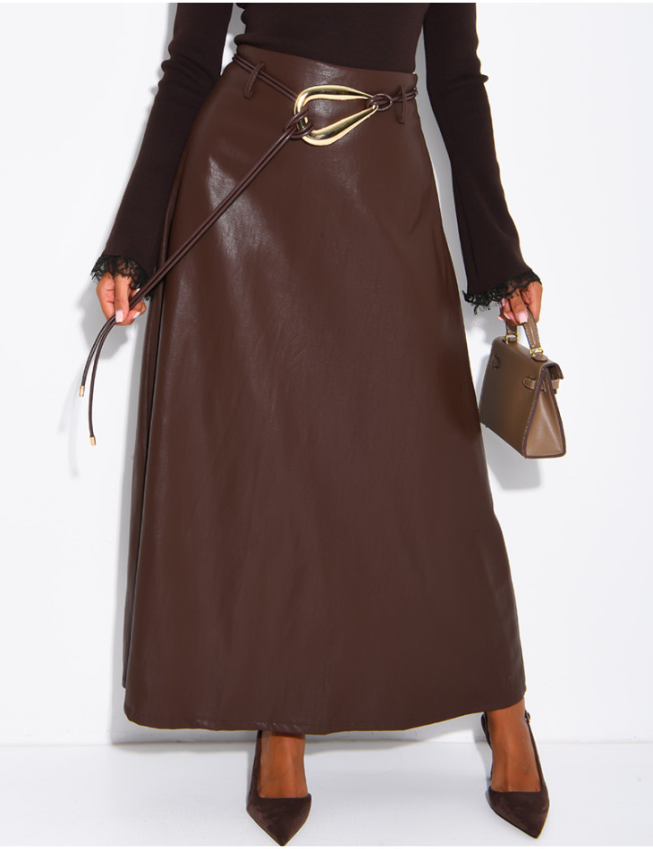 Long faux leather skirt with a gold belt