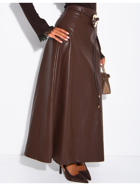 Long faux leather skirt with a gold belt