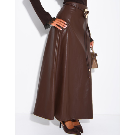Long faux leather skirt with a gold belt
