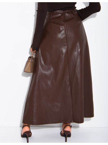 Long faux leather skirt with a gold belt