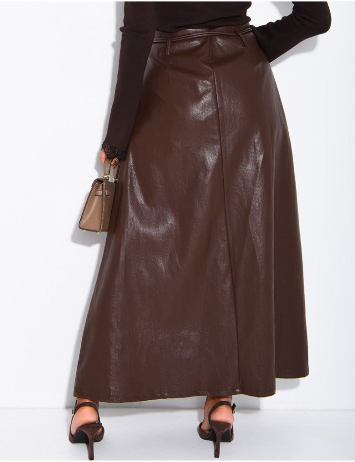 Long faux leather skirt with a gold belt