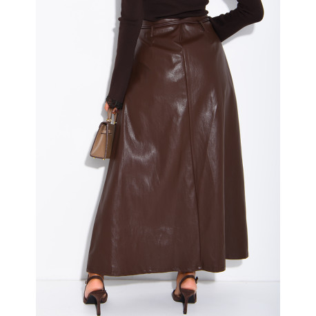 Long faux leather skirt with a gold belt