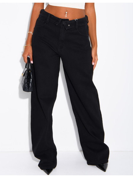 Jeans mit weitem Bein, verwaschener Optik und Umschlag an der Taille