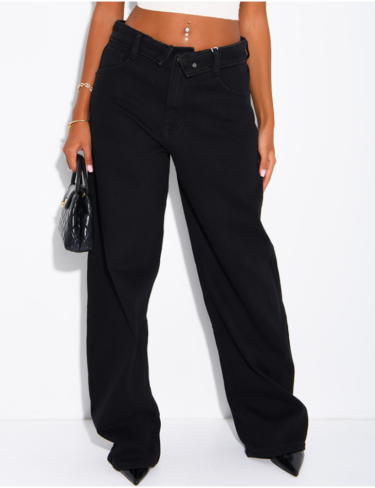 Jeans mit weitem Bein, verwaschener Optik und Umschlag an der Taille