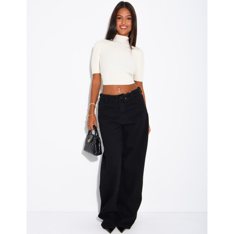 Jeans mit weitem Bein, verwaschener Optik und Umschlag an der Taille