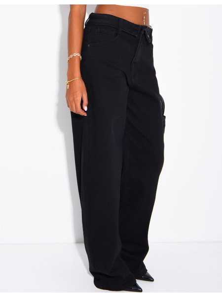 Jeans mit weitem Bein, verwaschener Optik und Umschlag an der Taille