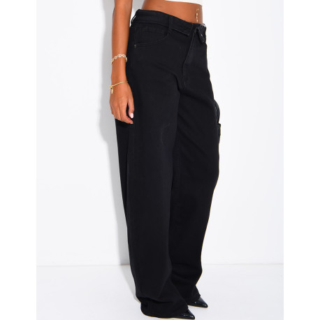 Jeans mit weitem Bein, verwaschener Optik und Umschlag an der Taille