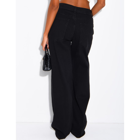 Jeans mit weitem Bein, verwaschener Optik und Umschlag an der Taille