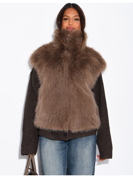 Ärmellose Jacke aus Kunstfell mit Stehkragen