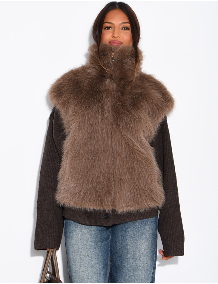 Ärmellose Jacke aus Kunstfell mit Stehkragen