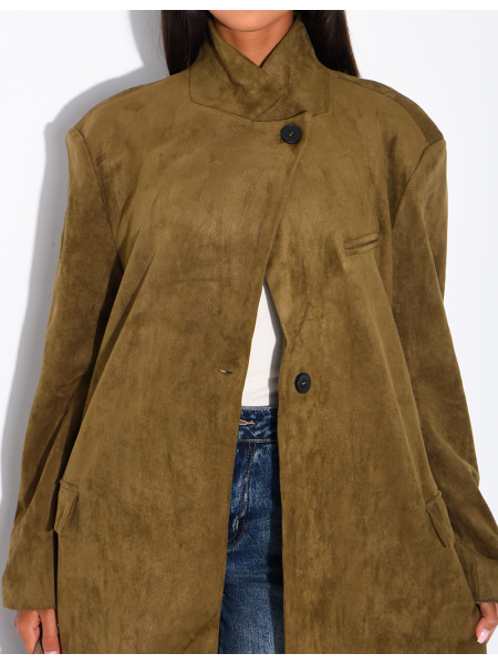 Sehr langer Blazer aus Wildleder-Optik mit Stehkragen