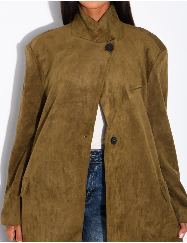 Sehr langer Blazer aus Wildleder-Optik mit Stehkragen