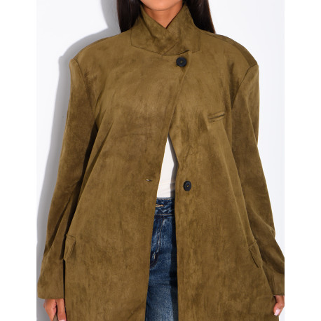Sehr langer Blazer aus Wildleder-Optik mit Stehkragen