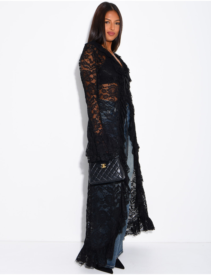 Long lace blouse with ruffles and lacing