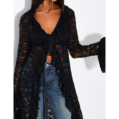Long lace blouse with ruffles and lacing