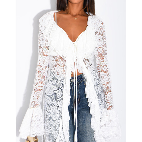 Long lace blouse with ruffles and lacing