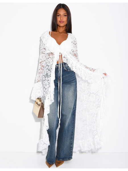 Long lace blouse with ruffles and lacing