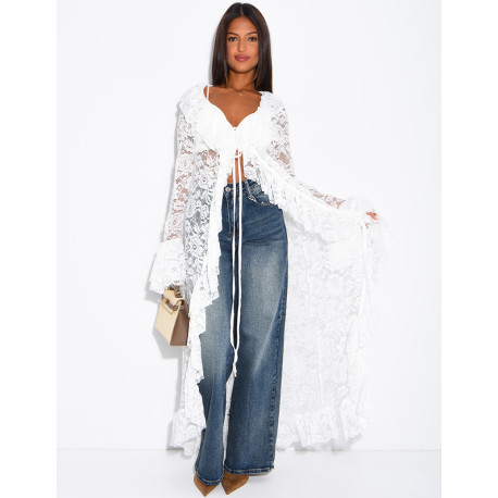 Long lace blouse with ruffles and lacing