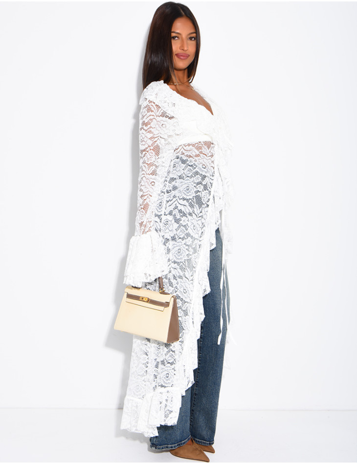Long lace blouse with ruffles and lacing