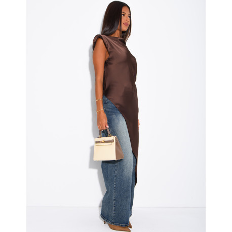 Top long et asymétrique en satin à épaulettes