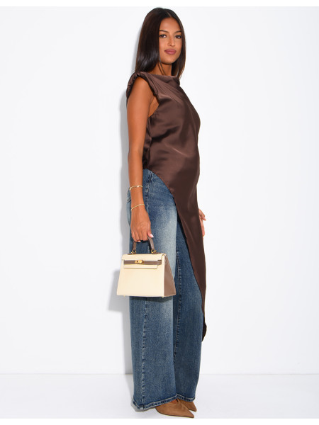 Top long et asymétrique en satin à épaulettes