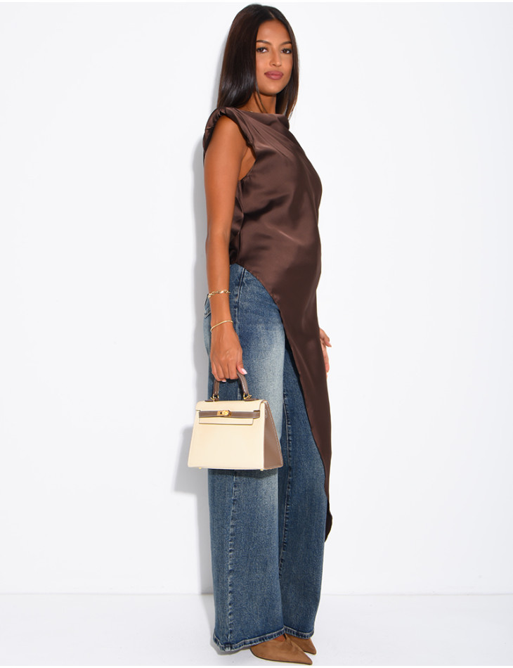 Top long et asymétrique en satin à épaulettes