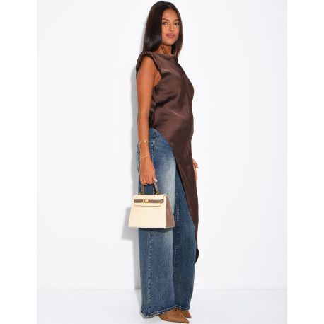 Top long et asymétrique en satin à épaulettes