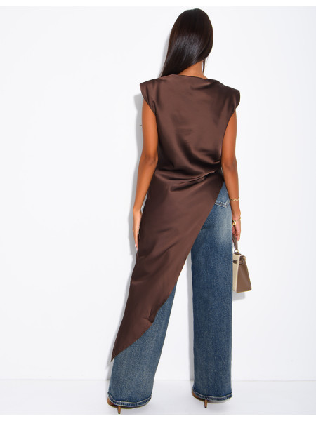 Top long et asymétrique en satin à épaulettes