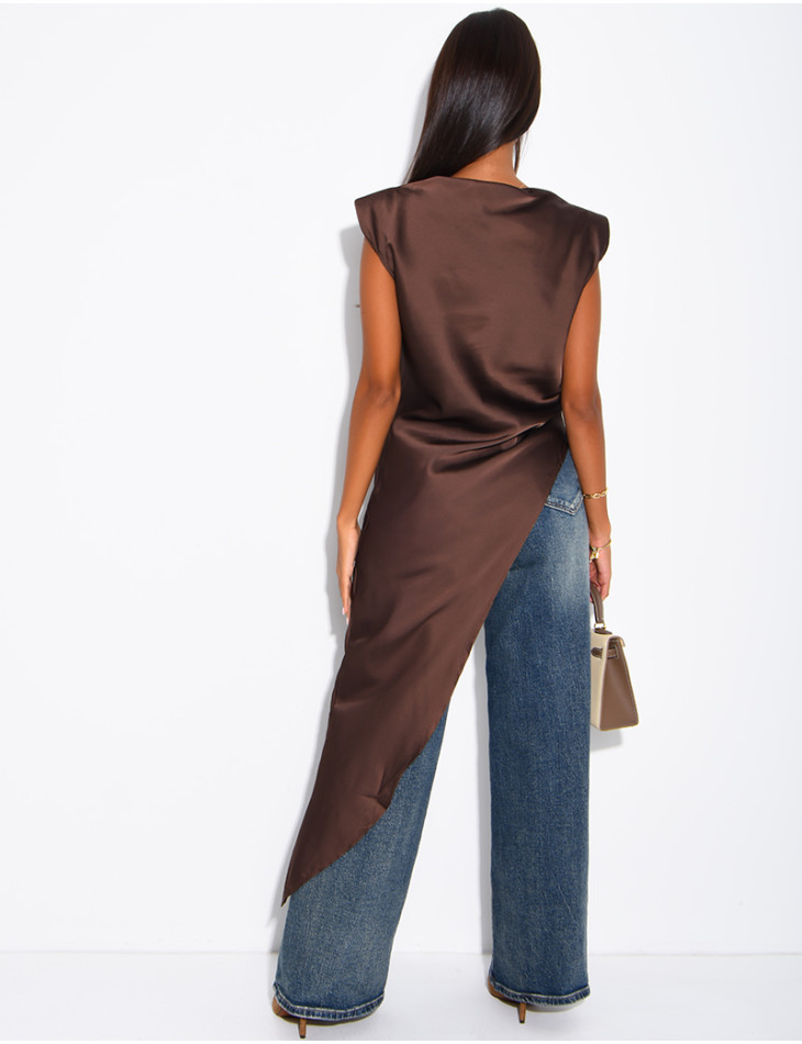 Top long et asymétrique en satin à épaulettes