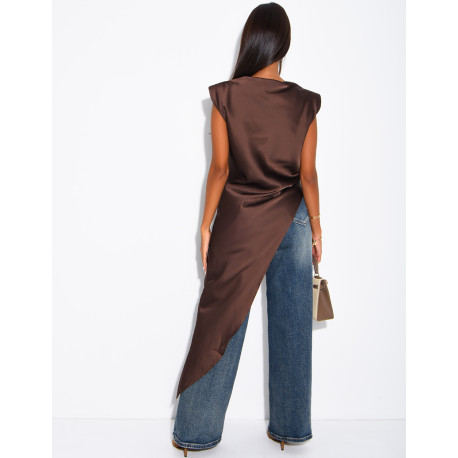 Top long et asymétrique en satin à épaulettes