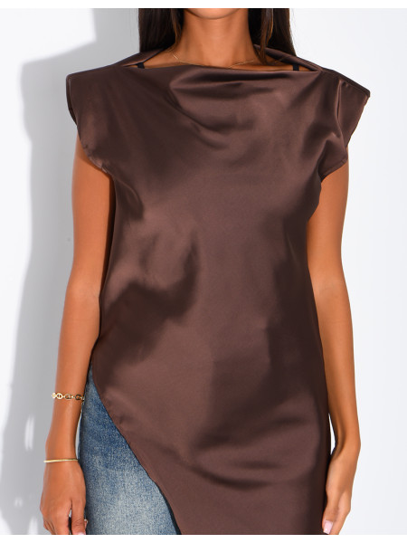 Top long et asymétrique en satin à épaulettes