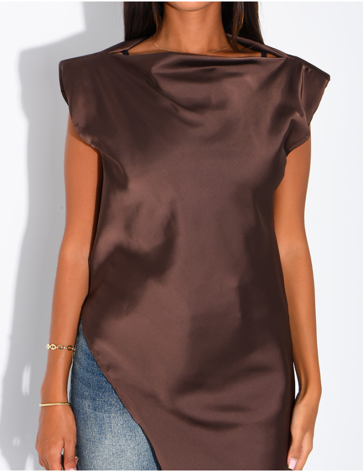 Top long et asymétrique en satin à épaulettes