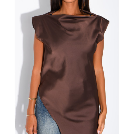 Top long et asymétrique en satin à épaulettes