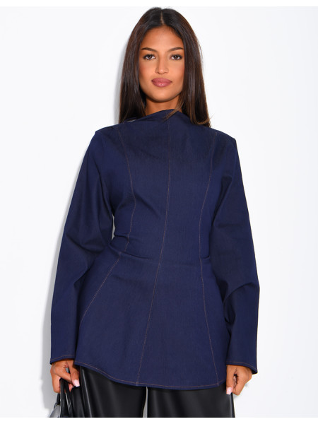 Long-sleeve denim-effect tie-front top