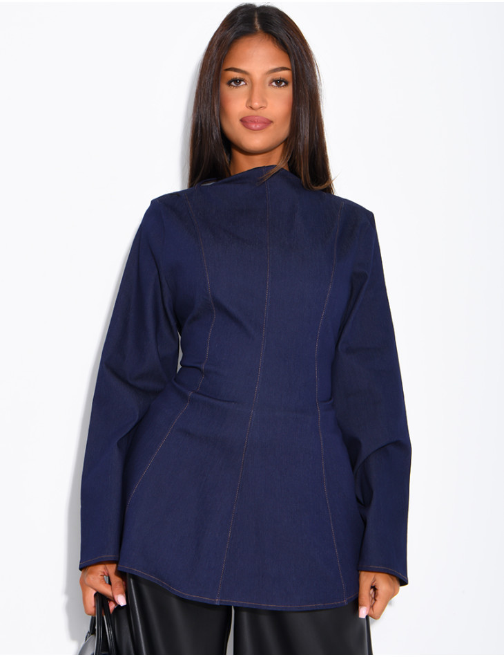 Long-sleeve denim-effect tie-front top