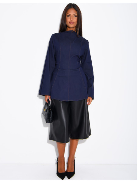 Long-sleeve denim-effect tie-front top