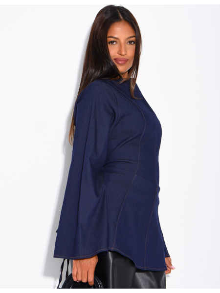 Long-sleeve denim-effect tie-front top