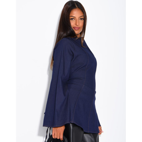 Long-sleeve denim-effect tie-front top
