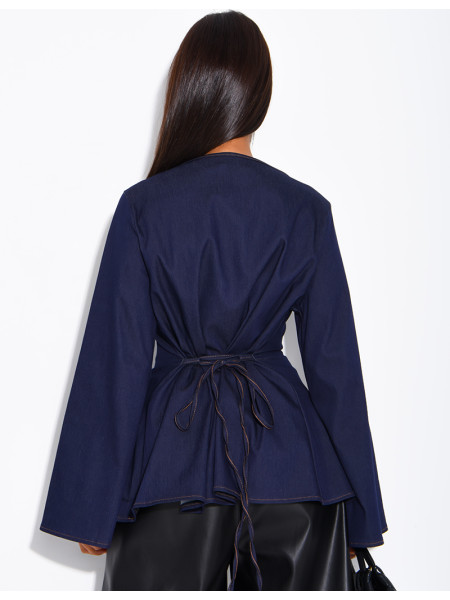 Long-sleeve denim-effect tie-front top