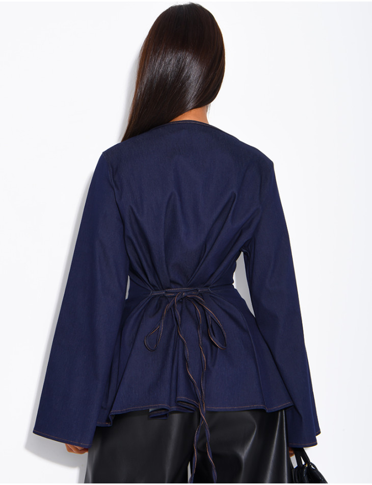 Long-sleeve denim-effect tie-front top