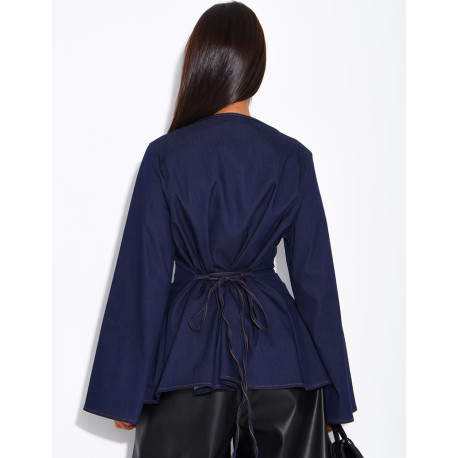Long-sleeve denim-effect tie-front top