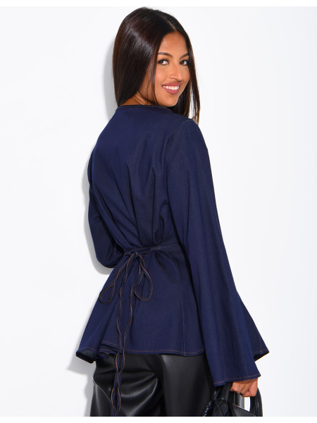 Long-sleeve denim-effect tie-front top