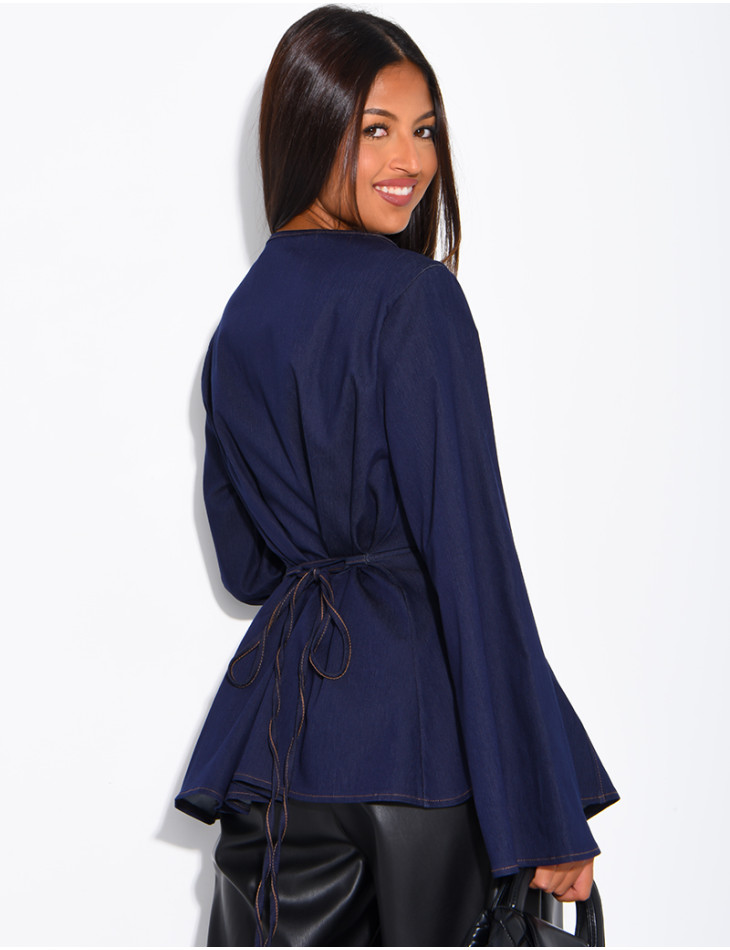 Long-sleeve denim-effect tie-front top