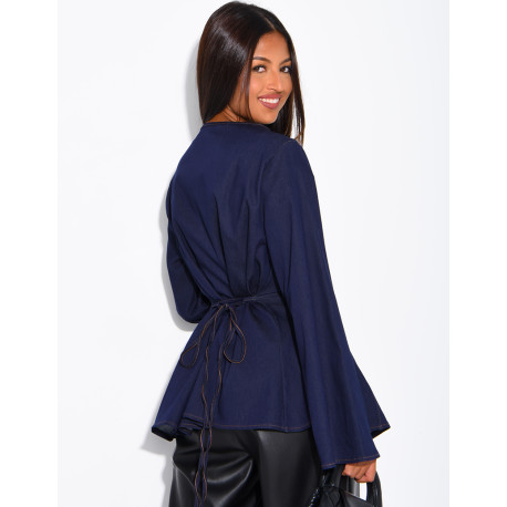 Long-sleeve denim-effect tie-front top