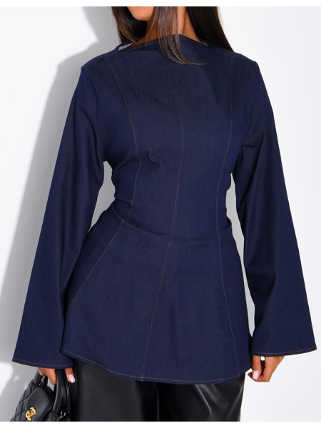 Long-sleeve denim-effect tie-front top