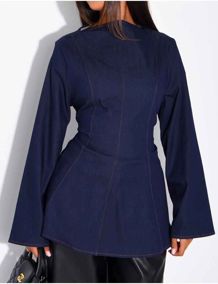 Long-sleeve denim-effect tie-front top